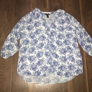 White and Blue Floral Print Button-Up